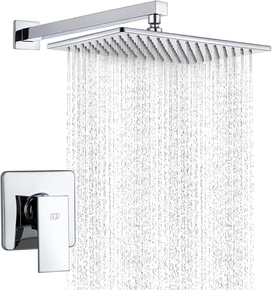 Shower Faucet Set Chrome Rainfall 12“ Rectangle Stainless Steel Shower Head and Handle Set, Wall Mounted Bathroom Shower System, Single Function Shower Trim Kit with Valve