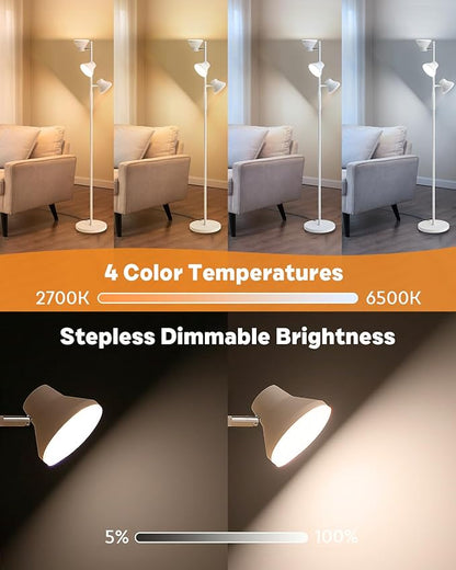 White Floor Lamp, 36W Modern Dimmable Standing Lamp 2700-6500K, 3 Rotatable LED Lights Reading Tall Lamp, Touch & Remote Control Floor Lamps for Living Room Bedroom Office