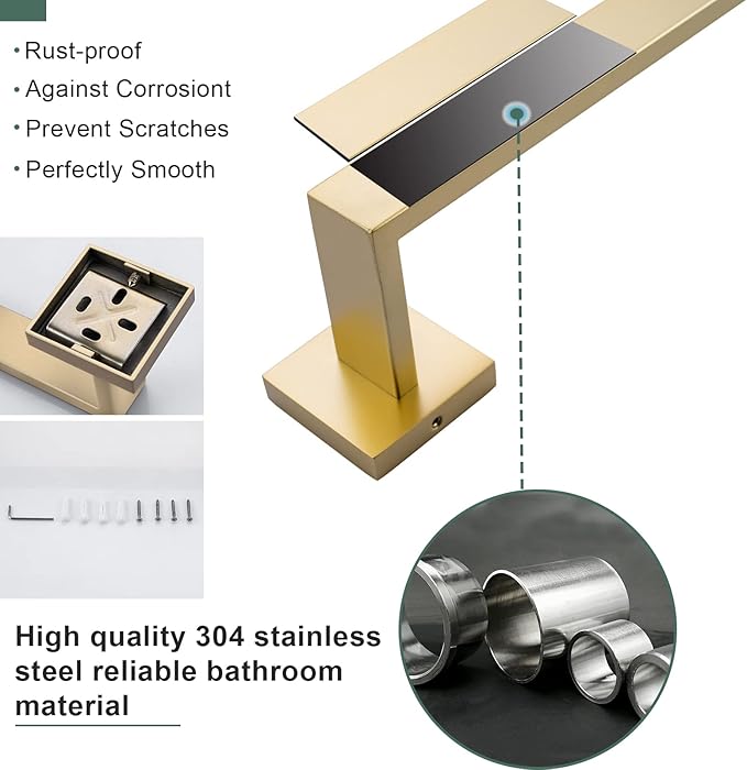 Brushed Gold Bathroom Towel Bar Holder Sets Premium Stainless Steel 4-Piece Bathroom Hardware Set Wall Mounted Bathroom Toilet Paper Holder with Shelf Set.