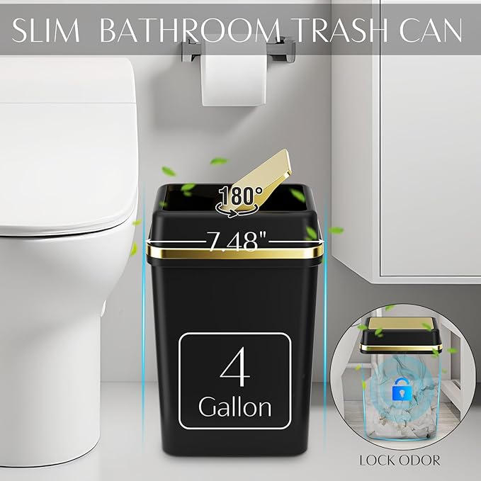 9PCS Bathroom Accessory Set, Black Bathroom Set with Large-Capacity 4 Gallon Trash Can, Bathroom Accessories Set Complete, Toothbrush Holder, Soap Dispenser, Toilet Brush, Bathroom Decor