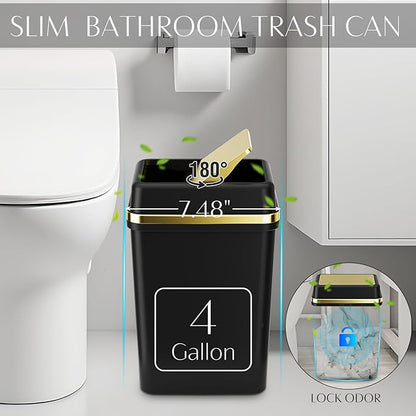 9PCS Bathroom Accessory Set, Black Bathroom Set with Large-Capacity 4 Gallon Trash Can, Bathroom Accessories Set Complete, Toothbrush Holder, Soap Dispenser, Toilet Brush, Bathroom Decor