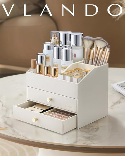 Vlando Makeup Organizer for Vanity,Large Capacity Countertop Organizer with Drawers, PU Leather Cosmetic Display Case for Lipstick,Brushes,Skincare,Bedroom Storage (Beige)