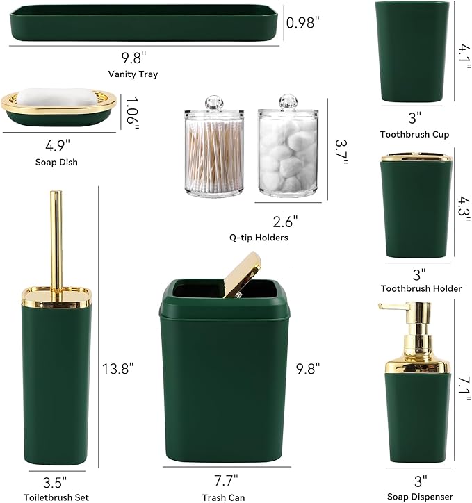 Dark Green Bathroom Accessories Set, Green and Gold Bathroom Accessories with Trash Can, Soap Dispenser, Soap Dish, Toothbrush Holder and Q-tip Holders