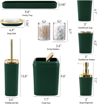 Dark Green Bathroom Accessories Set, Green and Gold Bathroom Accessories with Trash Can, Soap Dispenser, Soap Dish, Toothbrush Holder and Q-tip Holders