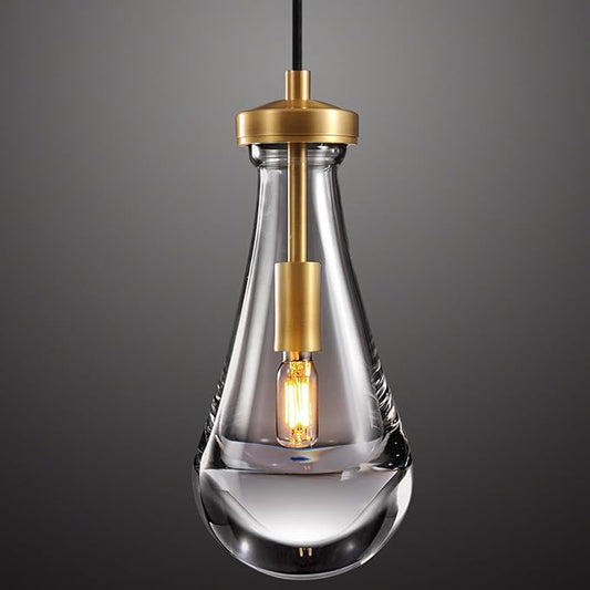 Raindrop Pendant Lights, Pendant Lights Kitchen Island, Brass Base Hanging Light Dining Room Light Fixture, Handblown Clear Kitchen Chandelier, Rope Pendant Lights for Living Room Hallway,E12 Bulb