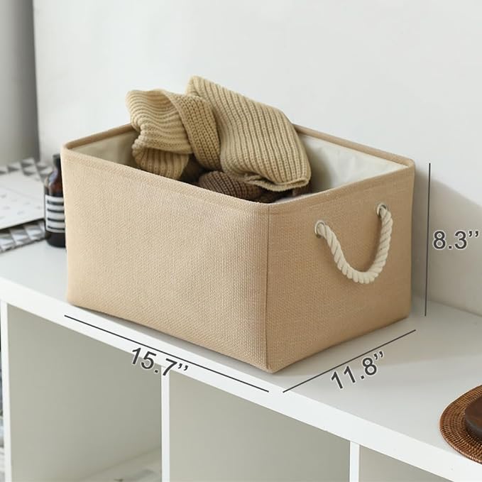 TheWarmHome Organization and Storage Bin for Shelves - Large 3 Pack 16x12x8 inch Storage Basket for Organizing, Canves Storage Cubes for Organizer Toy Closet Cloth Gift (Beige)