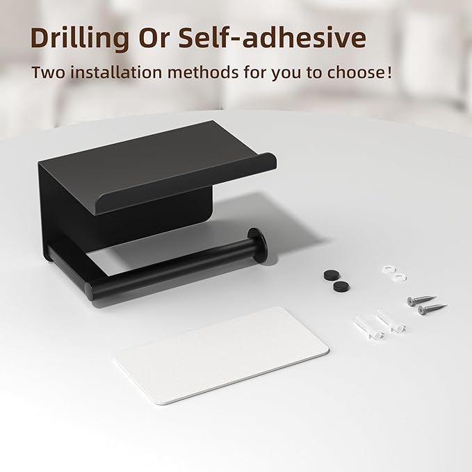 Adhesive Toilet Paper Holder with Phone Shelf, Wall Mounted Toilet Paper Roll Holder, Rustproof Bathroom Tissue Roll Holder with Shelf, Sticky Toilet Paper Roll Holder- Matte Black…