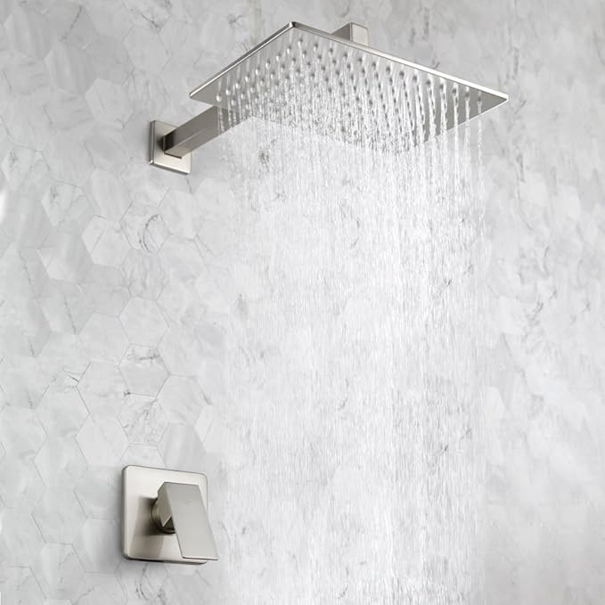 POP SANITARYWARE Shower Faucet Set with Rainfall 12 Inch Shower Head, Wall Mounted Bathroom Shower System Brushed Nickel, Single Function Shower Trim Kit with Valve