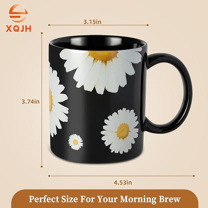 12Oz Daisy floral Black Ceramic Mug, Mug for Daily Coffee and Tea, Lead-free Microwave and Dishwasher Safe Coffee Mug, Perfect gifts for Women and men