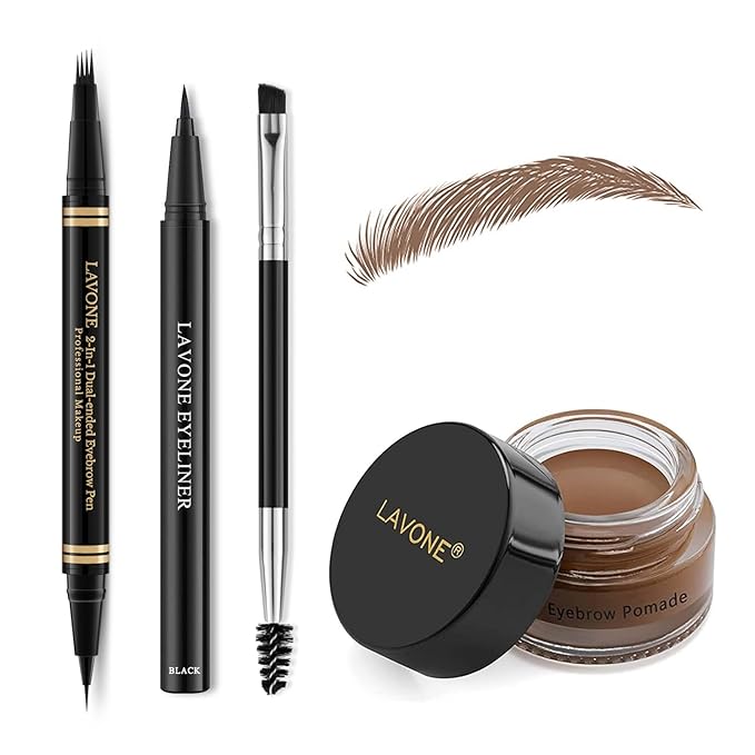 Eyebrow Pen Makeup Kit - 4 Tip Waterproof Microblading Pencil, Eyeliner, Pomade and Dual-ended Brush - Natural Looking Brow Kit - Soft Brown