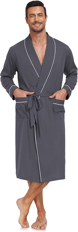 COLORFULLEAF Mens 100% Cotton Robes Lightweight Summer Long Bathrobe Sleepwear Soft Knit Spa Robe with Pockets
