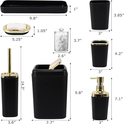 Black Bathroom Accessories Set, Black and Gold Bathroom Accessories with Trash Can, Tray, Soap Dispenser, Soap Dish, Toothbrush Holder, Toothbrush Cup,Toilet Brush and Qtip Holders