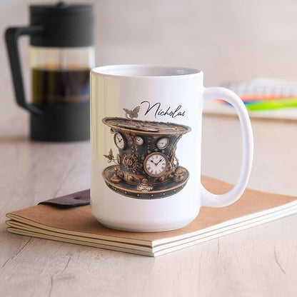 Personalized Coffee Mug Gift For Men, Customized Choose Name White Cup 11oz Or 15oz, Unique Steampunk Design Ceramic Cup, Custom Clock Themed Decorative Cup, Steampunk Decor Mug