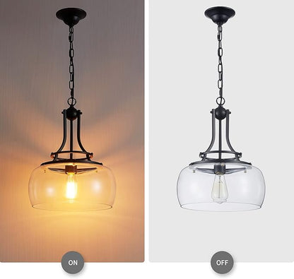 WUZUPS Chandelier Rustic Farmhouse Industrial Round Ceiling Pendant LED Light Fixture with Clear Glass Shades for Dining Room Kitchen Island Foyer Entryway, H 17" x W 13.4", E26 Base, Black