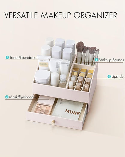 Vlando Makeup Organzier,Vanity Organizer with Drawers, PU Leather Skincare Organizer Perfume Organizer,Large Cosmetic Display Case for Lipstick,Brushes Gifts for Women-Apricot White