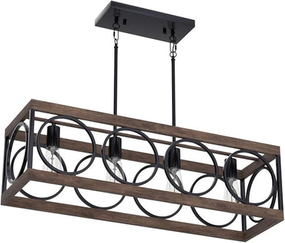 XINGQI Black Kitchen Island Light Fixtures, Farmhouse Dining Room Chandelier Rectangular Linear Chandeliers Pendant Ceiling Light Fixture for Bar Office Coffee Shop 4-Light Wood Grain