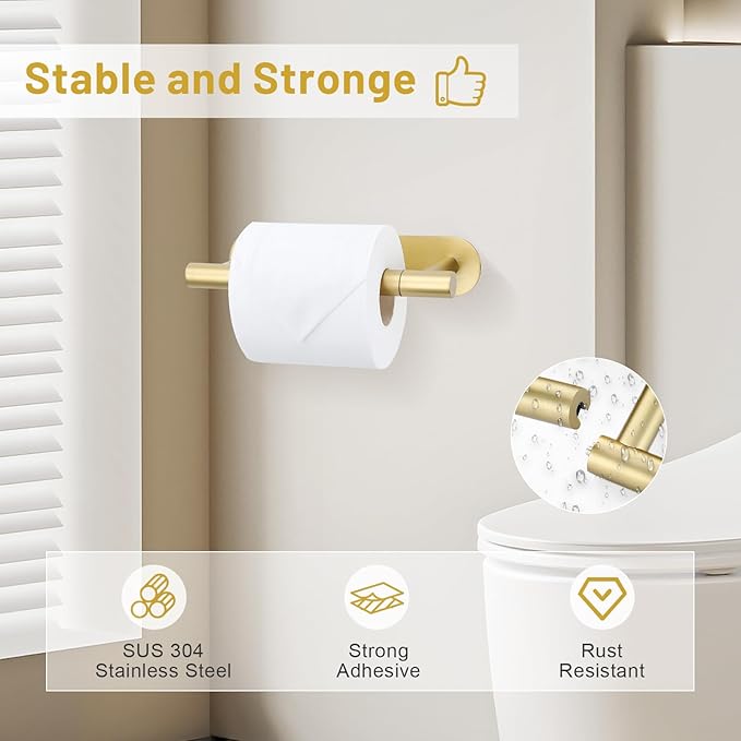 Self Adhesive Brushed Gold Toilet Paper Holder, SUS304 Stainless Steel Toilet Roll Holder, Double Base Paper Towel Holder Wall Mount No Drilling for Bathroom, Kitchen, Washroom