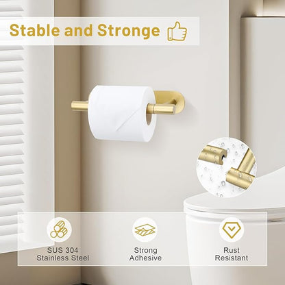 Self Adhesive Brushed Gold Toilet Paper Holder, SUS304 Stainless Steel Toilet Roll Holder, Double Base Paper Towel Holder Wall Mount No Drilling for Bathroom, Kitchen, Washroom