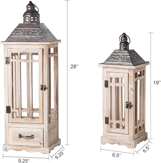 TIMRIS Large Rustic Wooden Metal Decorative Lantern Set of 2, Modern Farmhouse Floor Candle Lanterns with Drawer, Indoor/Outdoor Hanging Lanterns for Home Decor (No Glass)