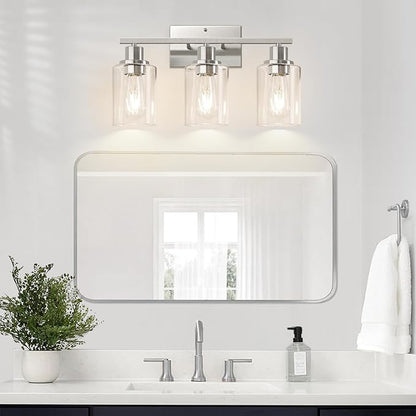 3-Light Bathroom Light Fixtures, Brushed Nickel Vanity Lights with Clear Glass Shades, Modern Bathroom Wall Lamp for Mirror Living Room Cabinet Bedroom Porch