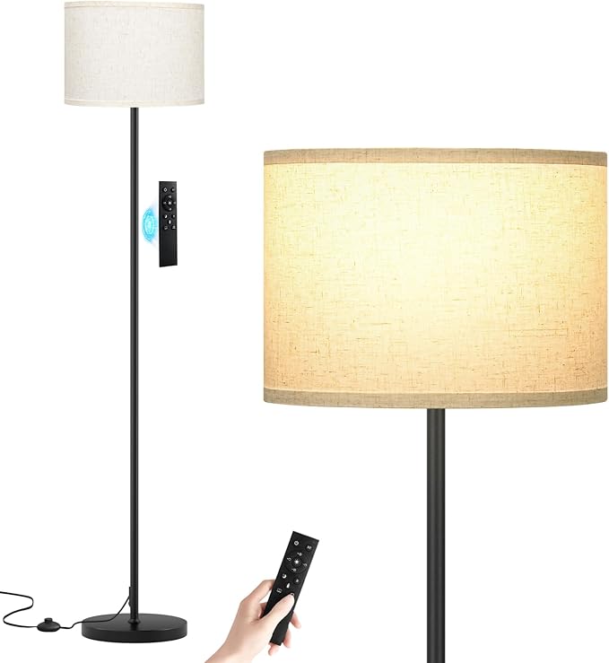 Ambimall 60'' Modern Floor Lamp with Remote, Tall Lamps for Living Room, Bedroom, Office, Dining Room, Beige Shade with Black Pole(Included Bulb)