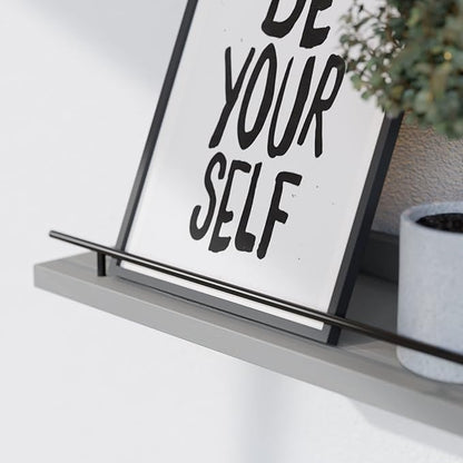 WOPITUES Floating Shelves 24 inch with Black Metal Guardrail, Shelves for Wall Decor Set of 3, Wall Shelves for Bedroom, Bathroom, Kitchen, Living Room, Plants, Picture Frames, Art- Grey