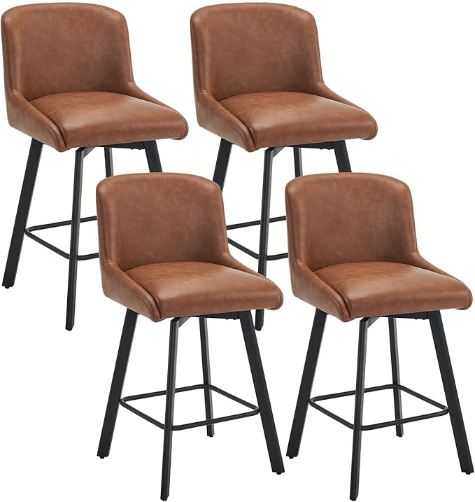 Swivel Bar Stools Set of 4, 26''H Upholstered Barstools with Backs, Modern Counter Height Bar Stool Chairs for Kitchen Island, Metal Legs, Faux Leather, Brown Counter Stools