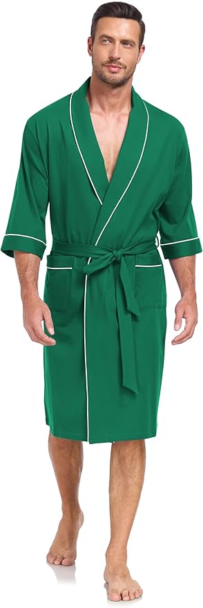 COLORFULLEAF Men's Bathrobes 100% Cotton Soft Comfort Breathable Short Sleeve Summer Kimono Mens Lightweight Robe