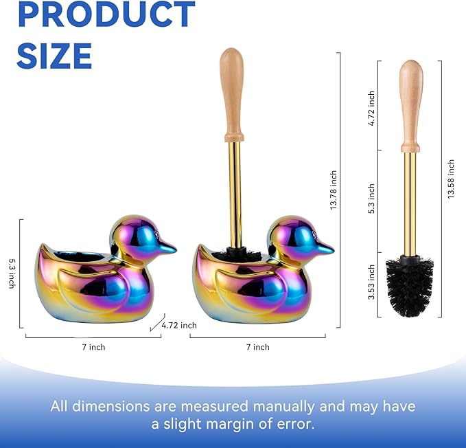 Ceramic Toilet Brush and Holder Set with Duck Base - Multicolor Rainbow, Freestanding Bathroom Brush Organizer, Space-Saving 7.5" Bowl Cleaner Kit - Bath Decor