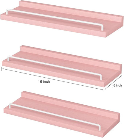 Pink and White Floating Shelves, Kawaii Room Decor Wall Shelves - Set of 3 for Living Room, Bedroom, Kitchen, Picture Frames, Plants