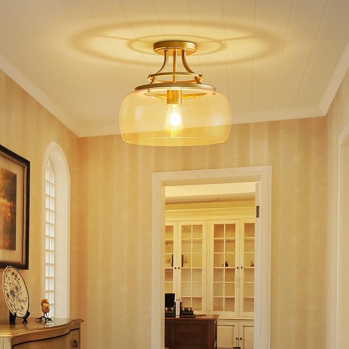 WUZUPS Chandelier Rustic Farmhouse Industrial Round Semi-flushmount Ceiling LED Light Fixture with Clear Glass Shades for Bathroom Kitchen Foyer Entryway, H 11.8" x W 13.4", E26 Base, Gold