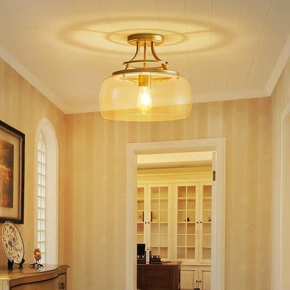 WUZUPS Chandelier Rustic Farmhouse Industrial Round Semi-flushmount Ceiling LED Light Fixture with Clear Glass Shades for Bathroom Kitchen Foyer Entryway, H 11.8" x W 13.4", E26 Base, Gold