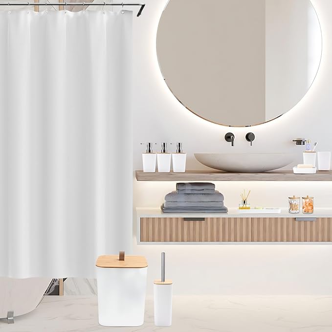 Bathroom Sets with Shower Curtain and Rugs, 27PCS White Bathroom Accessories Set with Trash Can, White Shower Curtain Set, No Slip Super Absorbent Bathroom Rugs