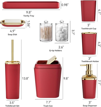 Dark Red Bathroom Accessory Set, 9-Piece Burgundy Bathroom Set with Trash Can, Toothbrush Holder, Toothbrush Cup,Soap Dispenser,Soap Dish,Toilet Brush Holder,2 Qtip Holder Dispensers and Tray