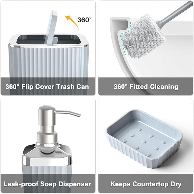 Umimile Grey Bathroom Accessories Set, 9-Piece Bathroom Set with Toothbrush Holder, Toothbrush Cup, Soap Dispenser, Soap Dish, Vanity Tray, Toilet Brush Holder, Qtip Holder and Trash Can