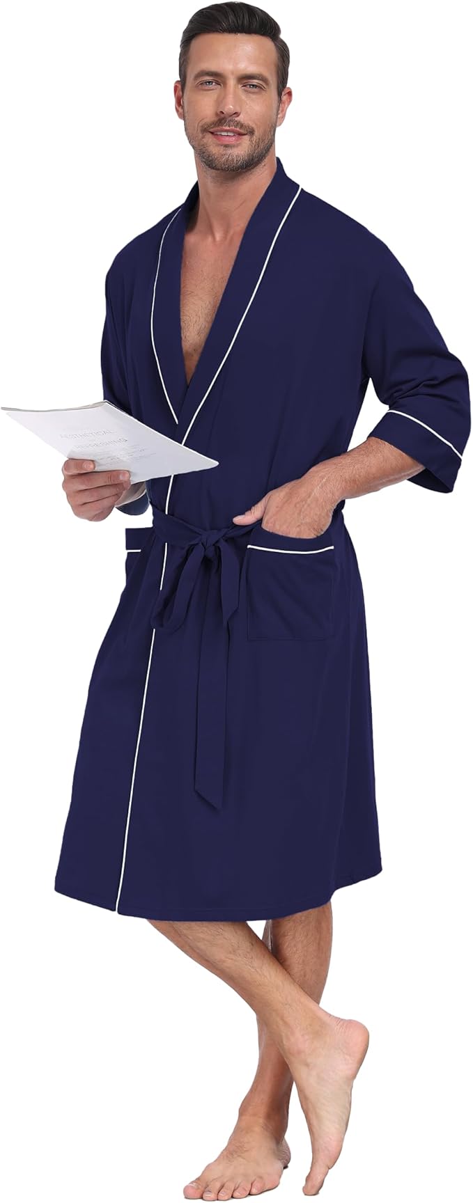 CF Men's Robe Cotton Bathrobe Soft Short Sleeve Bath Robes Shower Robe for Spa Soft Kimono Lightweight Sleepwear with Pockets