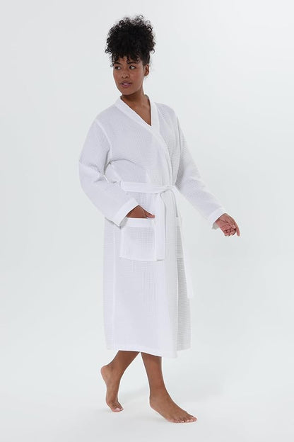 Women’s Luxury Waffle Shawl Collar, Hooded Robe w Piping – Lightweight, Long, Ultra Soft Spa Sleepwear Bathrobe