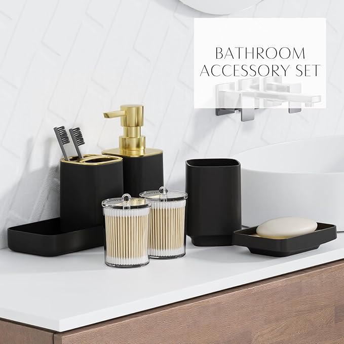 9PCS Bathroom Accessory Set, Black Bathroom Set with Large-Capacity 4 Gallon Trash Can, Bathroom Accessories Set Complete, Toothbrush Holder, Soap Dispenser, Toilet Brush, Bathroom Decor