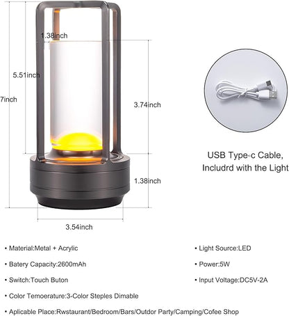 Portable Metal Table Lamp for Indoor/Outdoor ,Rechargeable Cordless LED Lamp, 3-Colour Infinitely Dimming Battery Powered Small Desk Lamp, Restaurant/Bedroom/Bar/Coffee Shop/Camping Light (Grey)