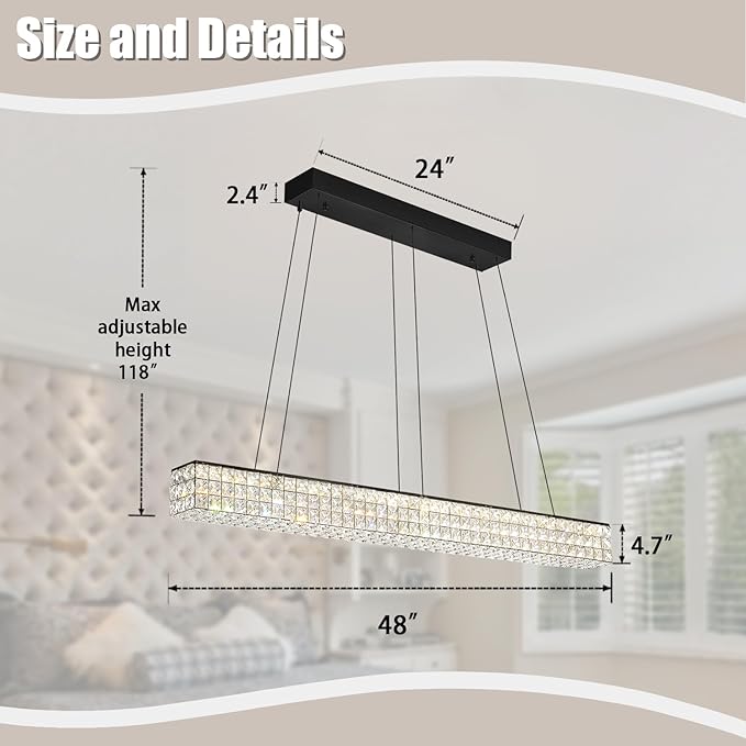 W48 Black Chandeliers for Dining Room, Modern Crystal Pendant Lights Fixture Farmhouse Hanging Dining Light Fixtures for Kitchen Island, Living Room, Bedroom