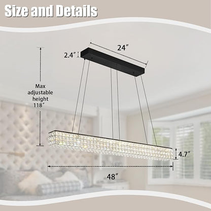 W48 Black Chandeliers for Dining Room, Modern Crystal Pendant Lights Fixture Farmhouse Hanging Dining Light Fixtures for Kitchen Island, Living Room, Bedroom