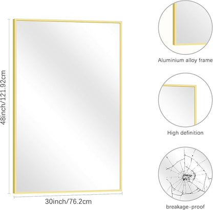 Gold Bathroom Mirror for Wall, 30x48 Inch Rectangle Mirrors with Metal Frame, Modern Vanity Wall Mirror Decor for Bathroom Living Room, Entryway Hangs Horizontal or Vertical