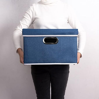 PRANDOM Foldable Storage Bin with Lid [5-Pack] Linen Fabric Decorative Storage Box Organizer Container Basket Cube with Handles Divider for Closet Office Living Room Royal Blue(14.9x9.8x9.8)