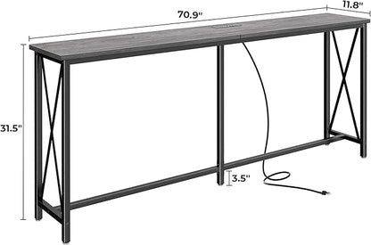 SUPERJARE 70 Inch Console Table with Outlets and USB-C Port, Extra Long Behind Couch Sofa Table with X-Shaped Design, Narrow for Entryway, Living Room, Metal Frame, Wooden Top, Grey