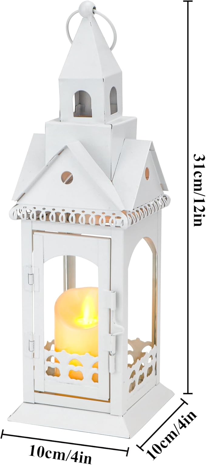 TRIROCKS Rustic Style Metal Candle Lantern 12'' High Decorative Outdoor Lantern Candle Holder with Tempered Glass House Shape for Home Living Room Garden Patio Parties Indoors Outdoors (White)