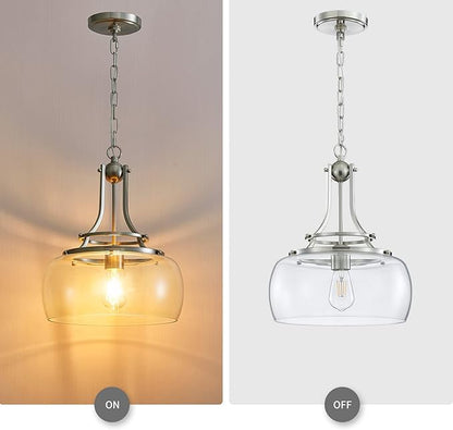 WUZUPS Chandelier Rustic Farmhouse Industrial Round Ceiling Pendant LED Light Fixture with Clear Glass Shades for Dining Room Kitchen Island Foyer Entryway, H 17" x W 13.4", E26 Base, Brushed Nickel