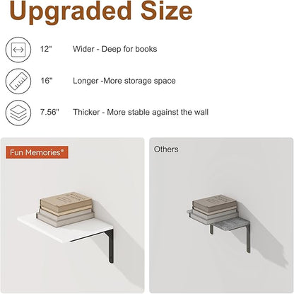 16" W x 12" D White Floating Shelves for Wall, 12 Inch Deep Floating Shelf with Visible Bracket, Rustic Wood Bookshelf Wall Mounted, Deep Bathroom Shelves for Storage, Set of 2