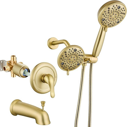 Aolemi Tub Shower Faucet Set with Tub Spout Rain Shower Head System Shower Trim Kit Pressure Rough-in Valve Included ABS 8 Setting Dual Shower Head and Handheld Spray Brushed Gold