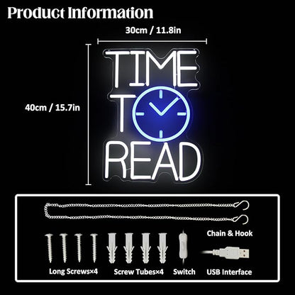 Time To Read Neon Sign Read Books Neon Light White Letter LED Signs Blue Clock Neon Read Light Up Sign for Bedroom Classroom Library Reading Corner Bookstore Decor