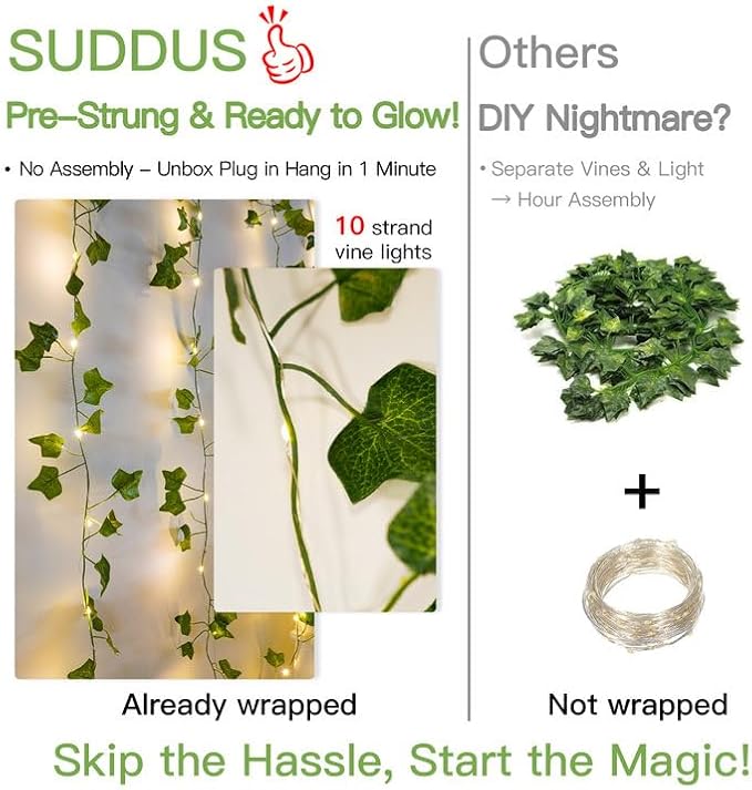 suddus 200 LED Vine with Light Plug in, 6.5ft x 6.5ft Ivy Fairy Curtain Lights with Remote, Leaf Fairy Lights for Wall,Bedroom, Dorm, Wedding, Party, Indoor Decor(Warm White)